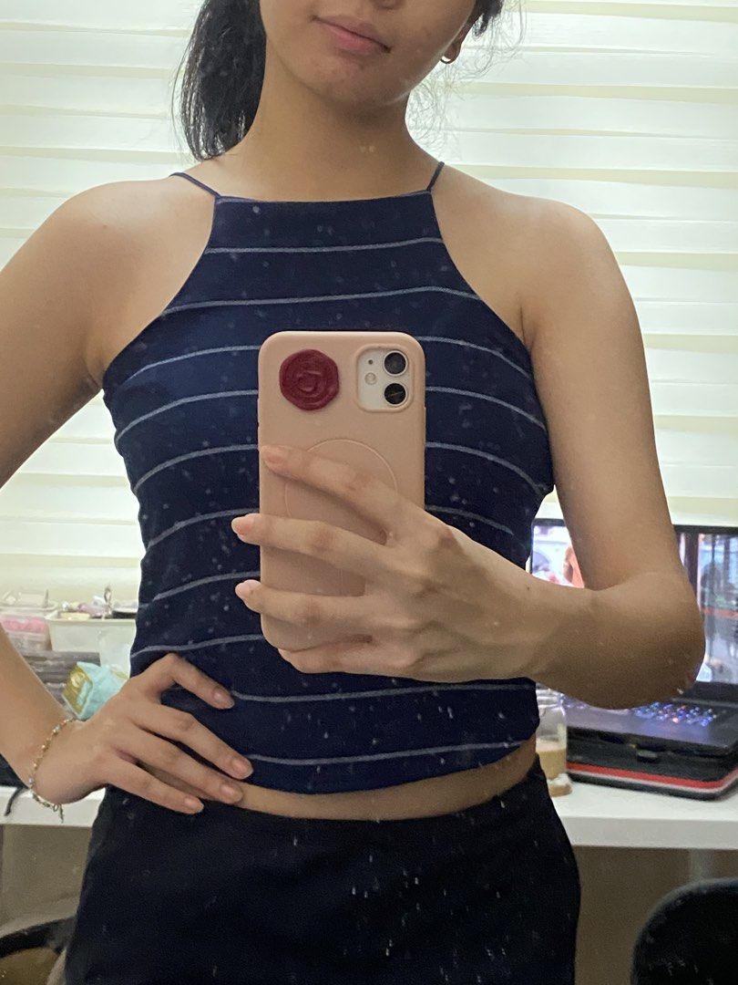 fudge rock navy striped halter top (Category: Sleeveless) located in Caloocan City. Submitted by v6nnies (Listing ID 1462752659, Image 3). Description: fudge rock striped halter top size xs to s (no size indicated) fits xs better only worn this a few times got it prepandemic! price is negotiable :).