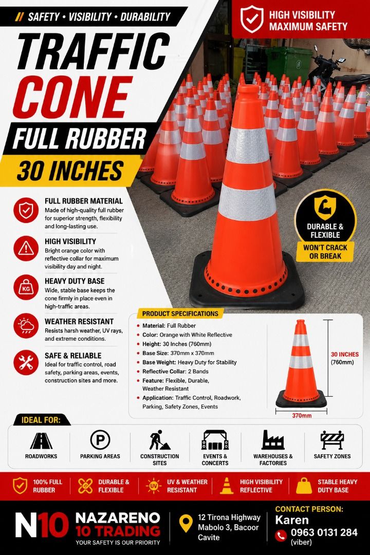 FULL RUBBER TRAFFIC CONE (Category: Looking For) located in Bacoor. Submitted by kajezame.2021 (Listing ID 1462739690, Image 1). Description: FULL RUBBER TRAFFIC CONE For More Details and Discount Contact Ms. Karen NAZARENO 10 TRADING 0963 0131 284 0933 6283 420 0956 7028 557 0933 8559 510 Landline: Look for Ms. Karen (046 ) 416 3920 Also available: · Traffic cone · Parking Block stopper · Hooded trash bin · Road Plastic Barrier · Spill boom · Fi