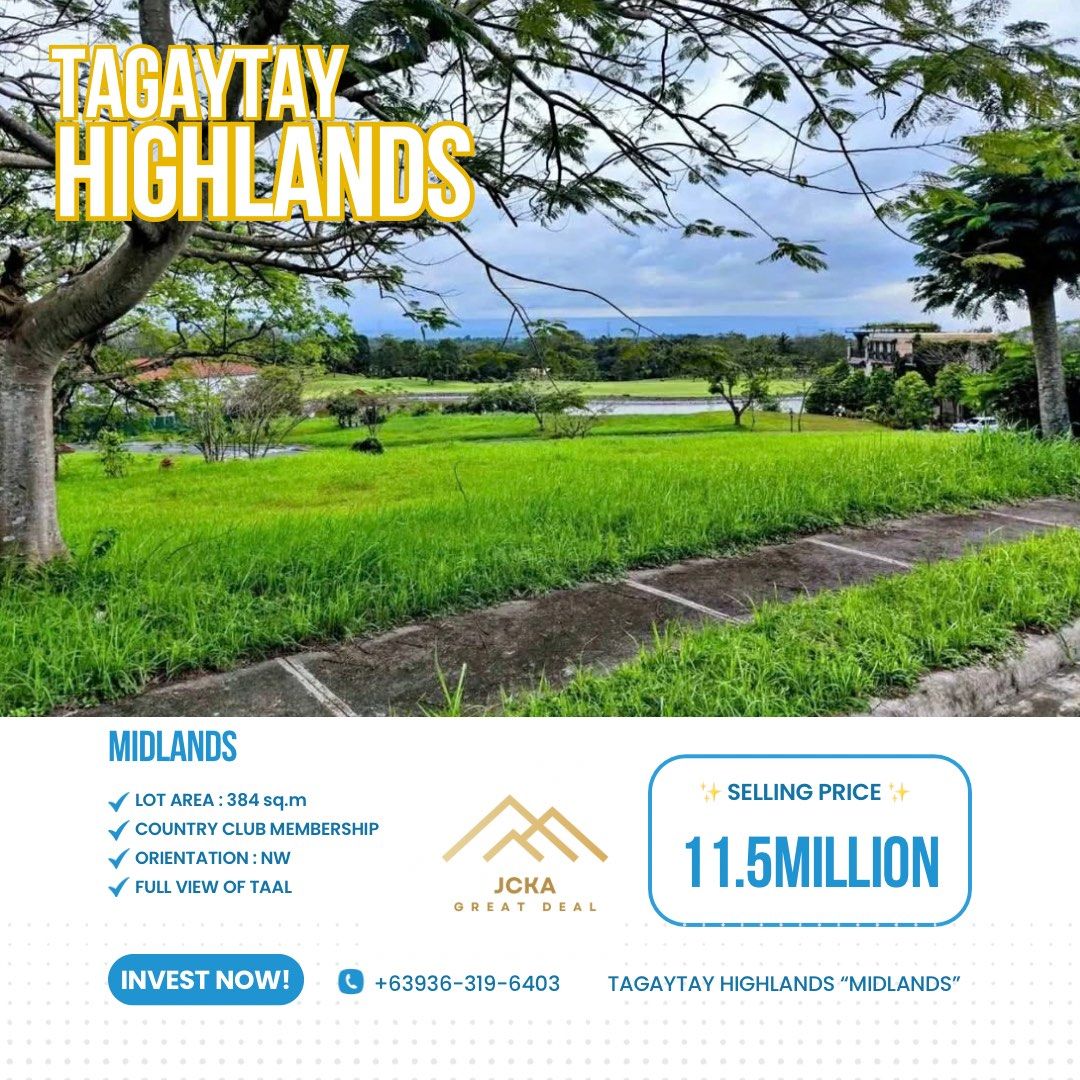 Full view Tagaytay Highlands (Midlands) (Category: Lot) located in Cavite. Submitted by jessy.9363196403 (Listing ID 1462832891, Image 1). Description: Tagaytay Highlands “MIDLANDS” Lot Area : 384 sqm ✅ Titled ✅ Country Club Included ✅ Full view of Taal .