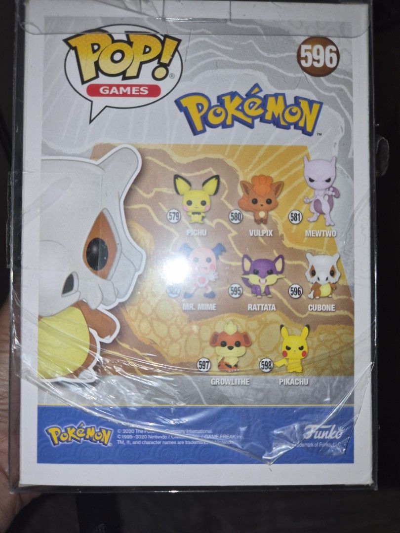 Funko Pop Games Pokemon Cubone 596 (Category: Designer & Blind Box Toys) located in Makati City. Submitted by jaimee.shop (Listing ID 1462810811, Image 3). Description: - Funko Pop Games Pokemon Cubone figure - Collection Number: 596 - Brand new and sealed in original plastic wrap - Ideal for any Pokemon fan or collector - Please check photos for box condition.
