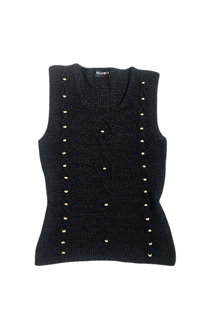GALLERY-X Black Knit Sando (Category: Sleeveless) located in Tiaong. Submitted by cdoswan (Listing ID 1461567195, Image 1). Description: - Black knit vest from GALLERY-X - Textured knit with central diamond pattern - Rows of small gold studs along the sides - Sleeveless design - Ideal for layering -Small to Medium.
