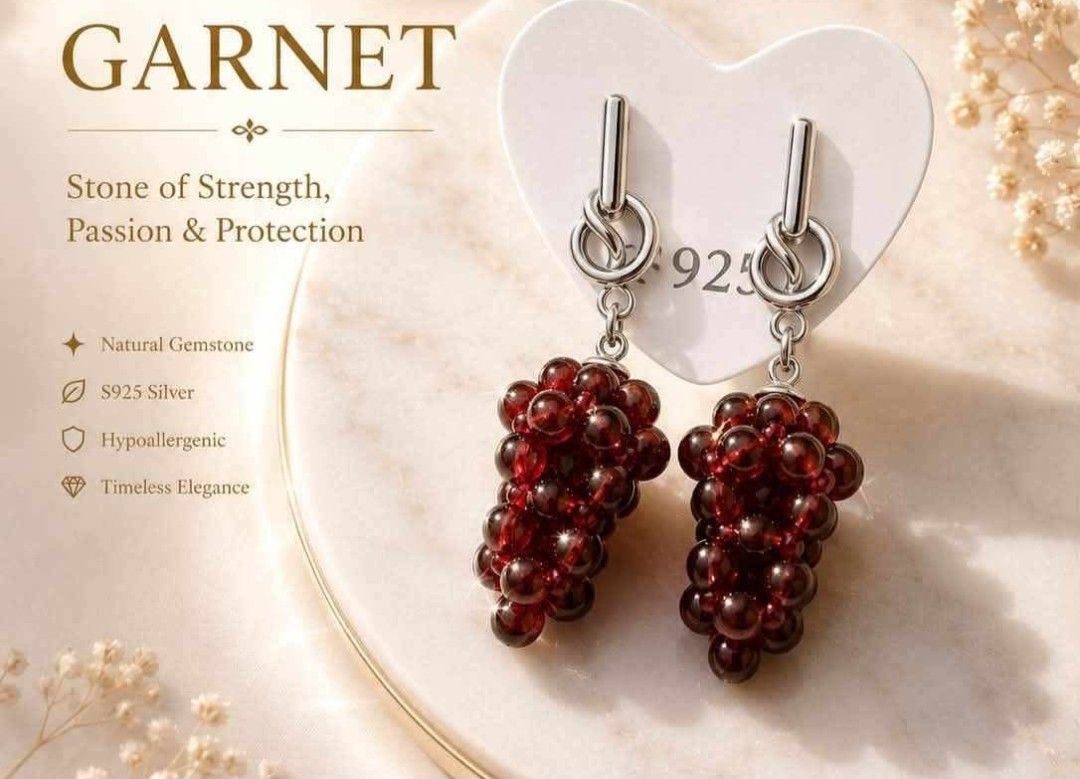 Garnet Grape Cluster Dangle Earrings S925 Silver Hypoallergenic (Category: Earrings) located in Mandaue City. Submitted by chuchi152615 (Listing ID 1462825606, Image 1). Description: - Cute grape cluster design - Made with natural garnet gemstones - Hypoallergenic S925 silver metal - Fun statement piece with a nice dangle - Catches the light beautifully - Adds a pop of color to any outfit - Comes with earring backs.