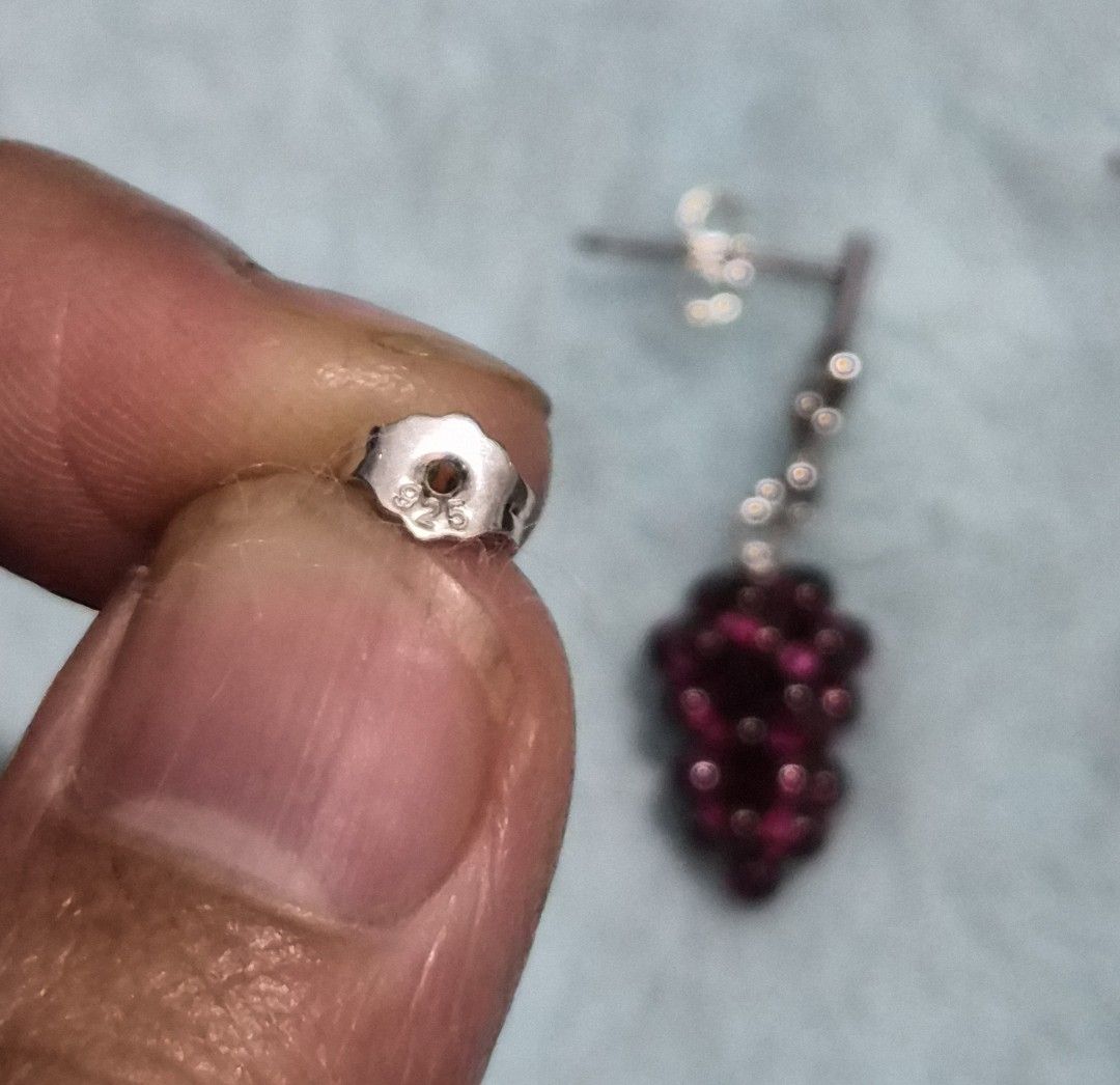 Garnet Grape Cluster Dangle Earrings S925 Silver Hypoallergenic (Category: Earrings) located in Mandaue City. Submitted by chuchi152615 (Listing ID 1462825606, Image 3). Description: - Cute grape cluster design - Made with natural garnet gemstones - Hypoallergenic S925 silver metal - Fun statement piece with a nice dangle - Catches the light beautifully - Adds a pop of color to any outfit - Comes with earring backs.