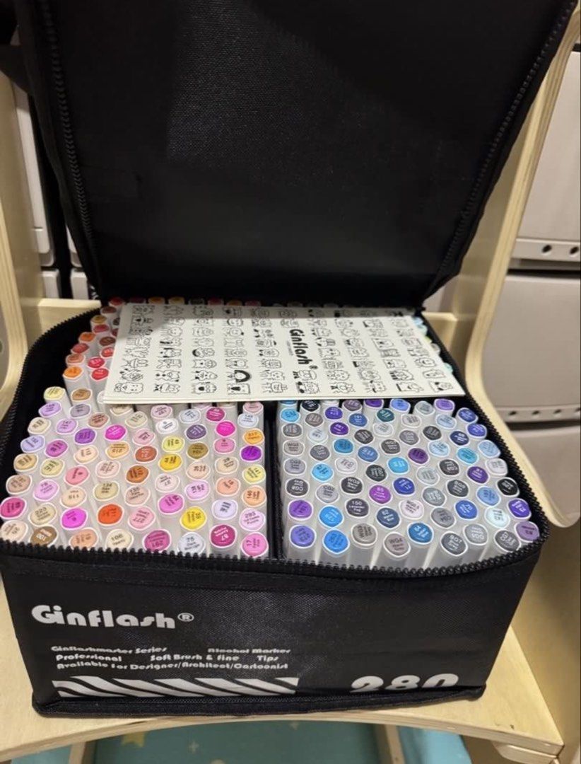 Ginflash 280 Alcohol Markers Set with Case (Ginflashmaster Series) (Category: Stationery & School Supplies) located in Mandaluyong City. Submitted by kendykeyn (Listing ID 1462707426, Image 2). Description: BRAND NEW, NO MARKER HAS BEEN USED 💕 Original SRP Php3,300.00 Ginflashmaster Series alcohol markers - Professional soft brush and fine tips - Ideal for designers, architects, and cartoonists - Huge set with 280 vibrant colors - Comes with a d