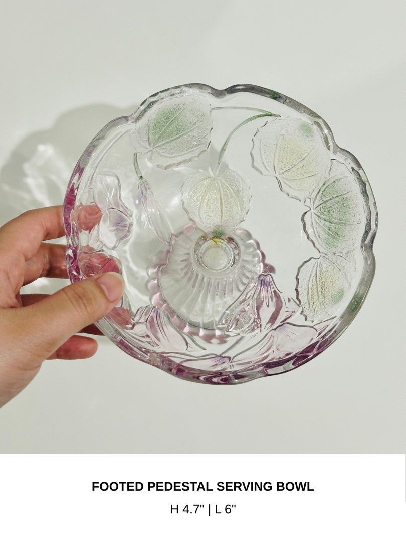 Glass Floral Serving Bowl (Category: Other Kitchenware & Tableware) located in Manila. Submitted by anaya_d (Listing ID 1462797370, Image 2). Description: Glass serving bowl with a pedestal base. Has a pretty floral design etched into the glass and scalloped edges 🍧 Perfect for serving candies, desserts, or as a trinket dish..