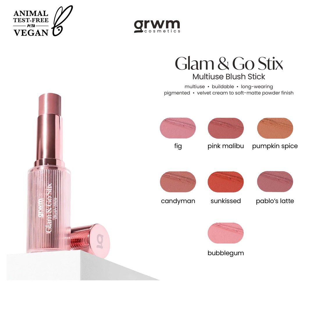GRWM Cosmetics Glam & Go Stix Multiuse Blush Stick (Category: Makeup) located in San Juan City. Submitted by riggieee (Listing ID 1462869205, Image 1). Description: - GRWM Cosmetics Glam & Go Stix - Shade: 'Sunkissed' - Multiuse blush stick - Buildable and long-wearing formula - Velvety cream to soft-matte powder finish - Highly pigmented - Price: ₱180.