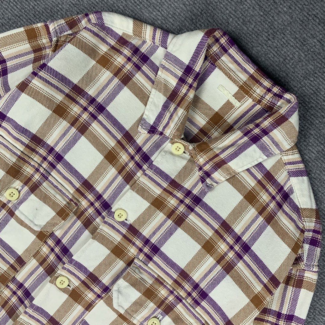 GU CPO Oversized Flannel Shirt Jacket (Category: Coats, Jackets and Outerwear) located in Baguio. Submitted by vintage_lurker (Listing ID 1462864729, Image 2). Description: Size on tag: Large Width: 25” Length: 30” Issue/s: none Mine: 890 + Shipping fee 📍Payment first policy. no COD or COP 📍All items Washed and Sanitized 🧼 Shoot your offer. I’m all ears‼️ OTHER DETAILS: - Classic plaid flannel shirt - White base with purple and brown plaid pat