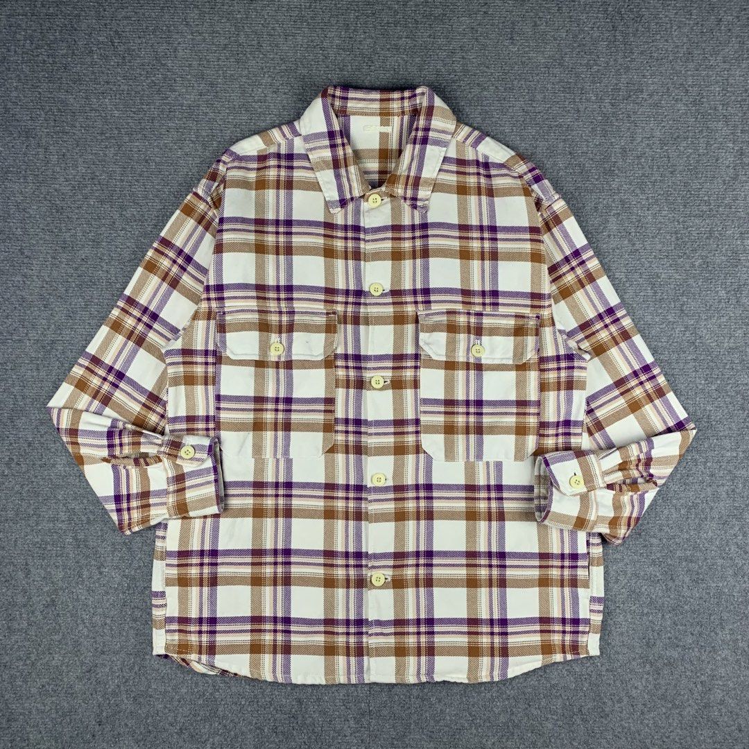 GU CPO Oversized Flannel Shirt Jacket (Category: Coats, Jackets and Outerwear) located in Baguio. Submitted by vintage_lurker (Listing ID 1462864729, Image 1). Description: Size on tag: Large Width: 25” Length: 30” Issue/s: none Mine: 890 + Shipping fee 📍Payment first policy. no COD or COP 📍All items Washed and Sanitized 🧼 Shoot your offer. I’m all ears‼️ OTHER DETAILS: - Classic plaid flannel shirt - White base with purple and brown plaid pat