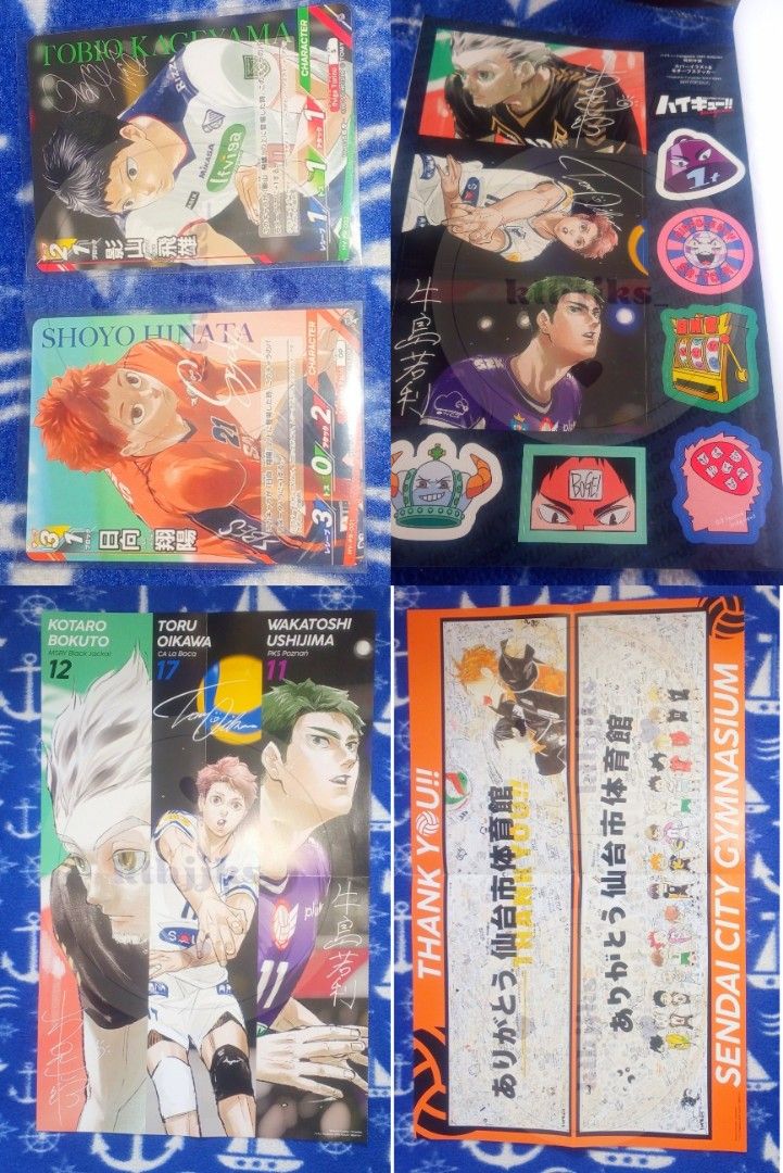 Haikyuu Assorted Merch SET (Category: Designer & Blind Box Toys) located in Marikina City. Submitted by kthjjks_ (Listing ID 1462817024, Image 3). Description: Haikyuu Assorted Merch SET Php 2000 – free sf via j&t only – less Php 50 for SDD August 2025 Magazine – see 3rd photo for sample of inclusions (items from my personal copy) Flat Gasaphon – see 4th photo for sealed Kenma and Yaku & Nishinoya items Can Badge – see 5th photo for stains at the
