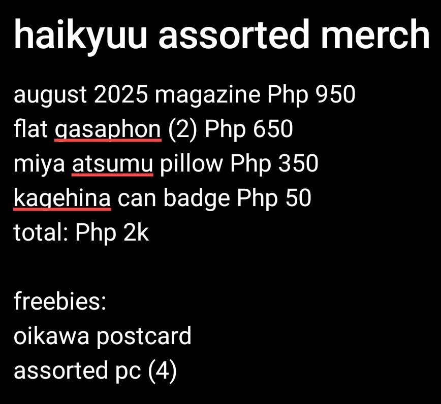 Haikyuu Assorted Merch SET (Category: Designer & Blind Box Toys) located in Marikina City. Submitted by kthjjks_ (Listing ID 1462817024, Image 2). Description: Haikyuu Assorted Merch SET Php 2000 – free sf via j&t only – less Php 50 for SDD August 2025 Magazine – see 3rd photo for sample of inclusions (items from my personal copy) Flat Gasaphon – see 4th photo for sealed Kenma and Yaku & Nishinoya items Can Badge – see 5th photo for stains at the