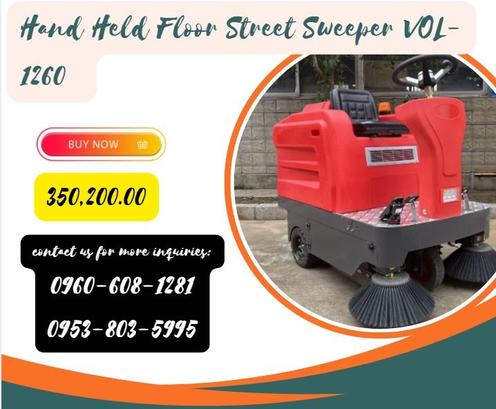 Hand Held Floor Street Sweeper VOL-1260 (Category: Other Home Appliances) located in Lapu Lapu. Submitted by purebird.d6b6a1 (Listing ID 1462775936, Image 1). Description: ●Product Size: 1600*1160*1250MM ●Main Brush Width: 500MM ●Width Of Side Brush: 450MM ●Sweeping Width: 1260MM ●Dust Tank Capacity: 80 ●Water Tank Capacity: 30 ●Machine Weight: 300KG ●Battery Capacity: 48/45V/ah ●Drive Motor: 800 ●Brush Motor: 700 ●Working Time: 3-4 ●Working Effi