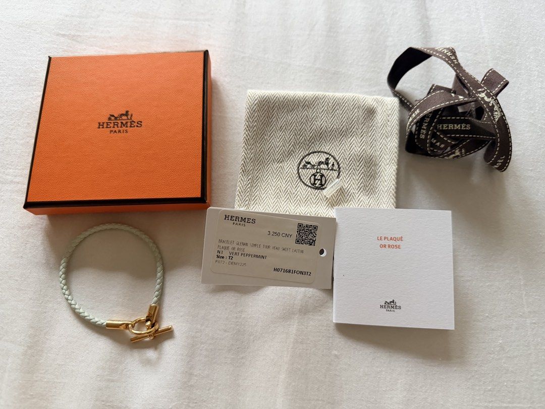 Hermès Glénan Simple Tour Bracelet (Category: Bracelets) located in Quezon City. Submitted by bellielopez (Listing ID 1462759633, Image 1). Description: Hermès Glénan Simple Tour Bracelet Repriced from 18,500 now 15,000! Color: Rose Gold (plated hardware) & vert peppermint leather Size: T2 or wrist circumference of 14.5 cm to 15.5 cm (5.7 inches to 6.1 inches) Includions: Comes complete - box, dustbag, ribbon, paper bag, cards, and I can give a c
