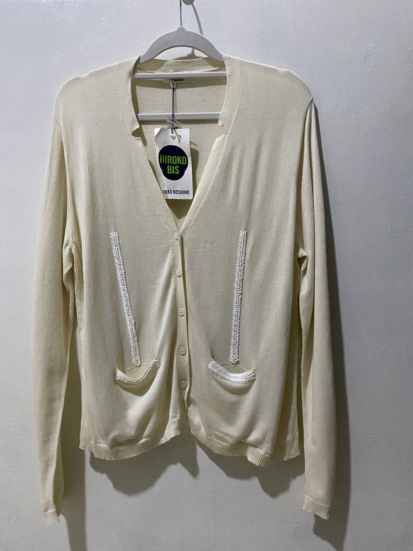 Hiroko bis cardigan (Category: Longsleeves) located in Makati City. Submitted by indaysukaycloset (Listing ID 1462758906, Image 1). Description: 🤍 BNWT! HIROKO BIS by HIROKO KOSHINO Cardigan - Designer Size: Free / M-L ✅ Details: - BRAND NEW with tag! HIROKO BIS Japan designer - Color: Ivory / Cream - V-neck, long sleeve, button front - With beaded embroidery pockets - white bugle beads, super elegant! - Soft knit, lightweight, high quality - Lu