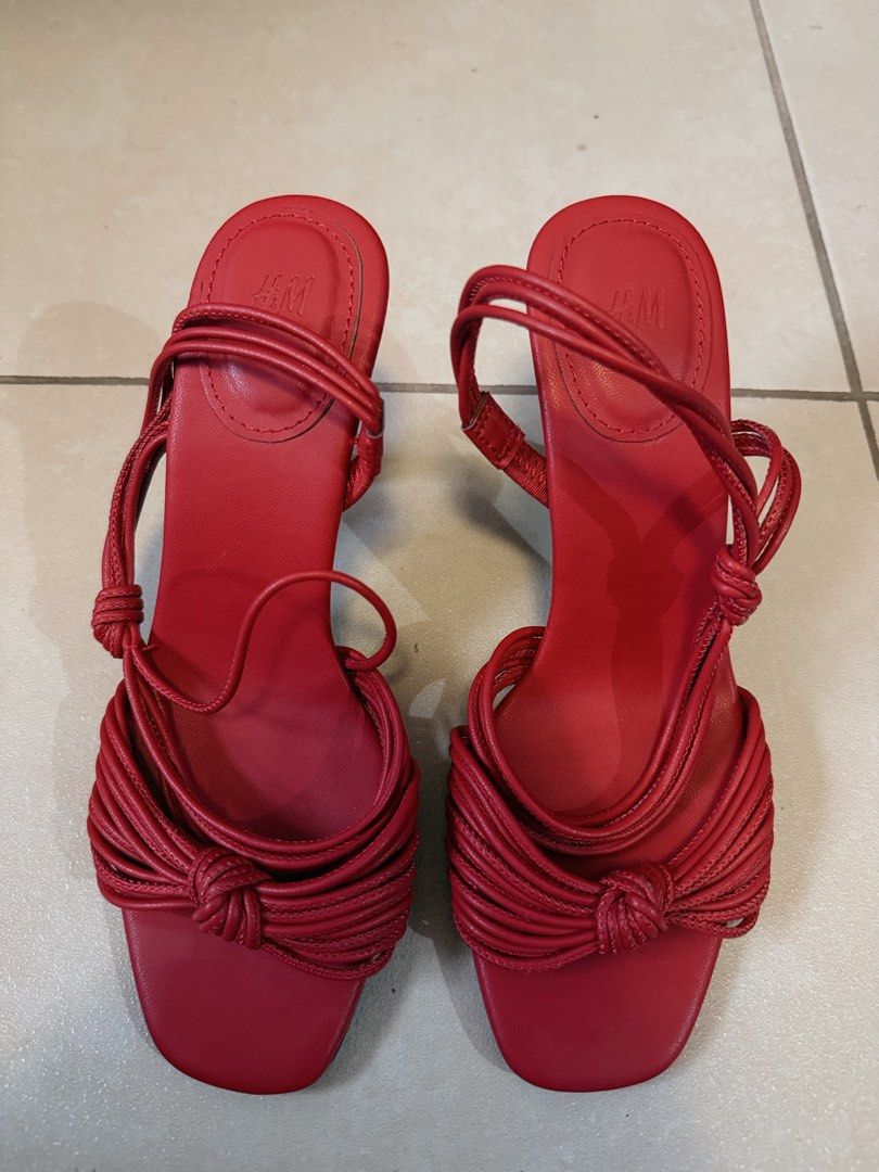 H&M Heels - Mules, Slingbacks, Strappy Sandals (Category: Heels) located in Meycauayan. Submitted by phantom3878 (Listing ID 1462774689, Image 3). Description: For Sale!! Used once for shoot - H&M Heels - Includes: Tan square-toe mules - Includes: Red strappy sandals with knot details - Includes: Taupe pointed-toe slingbacks with ankle strap.