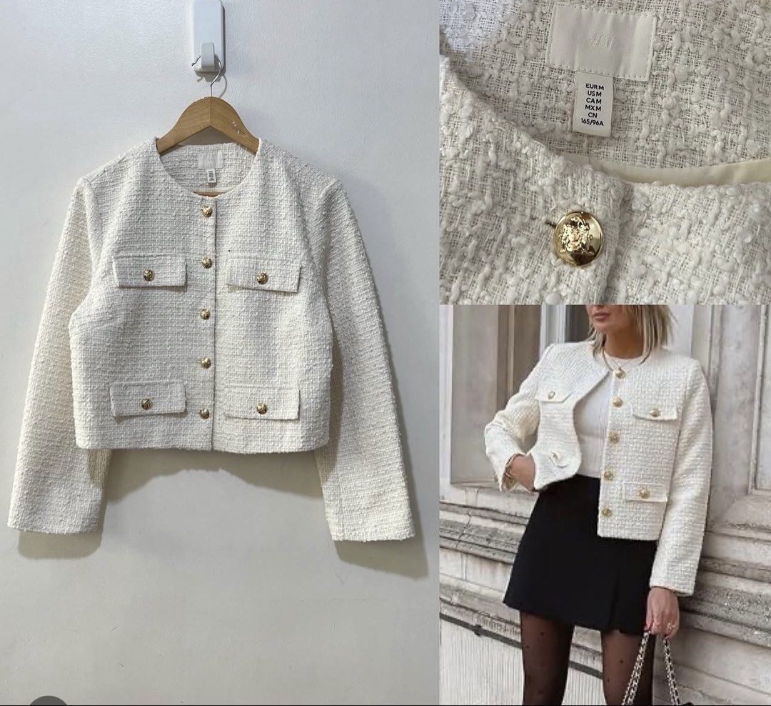 H&M White Tweed Cropped Jacket with Gold Buttons (Category: Coats, Jackets and Outerwear) located in Tuguegarao City. Submitted by closet_jz (Listing ID 1462716906, Image 1). Description: - White tweed cropped jacket from H&M - Round neckline - Gold button details - Two functional front pockets - Versatile for dressing up or down - Size M.