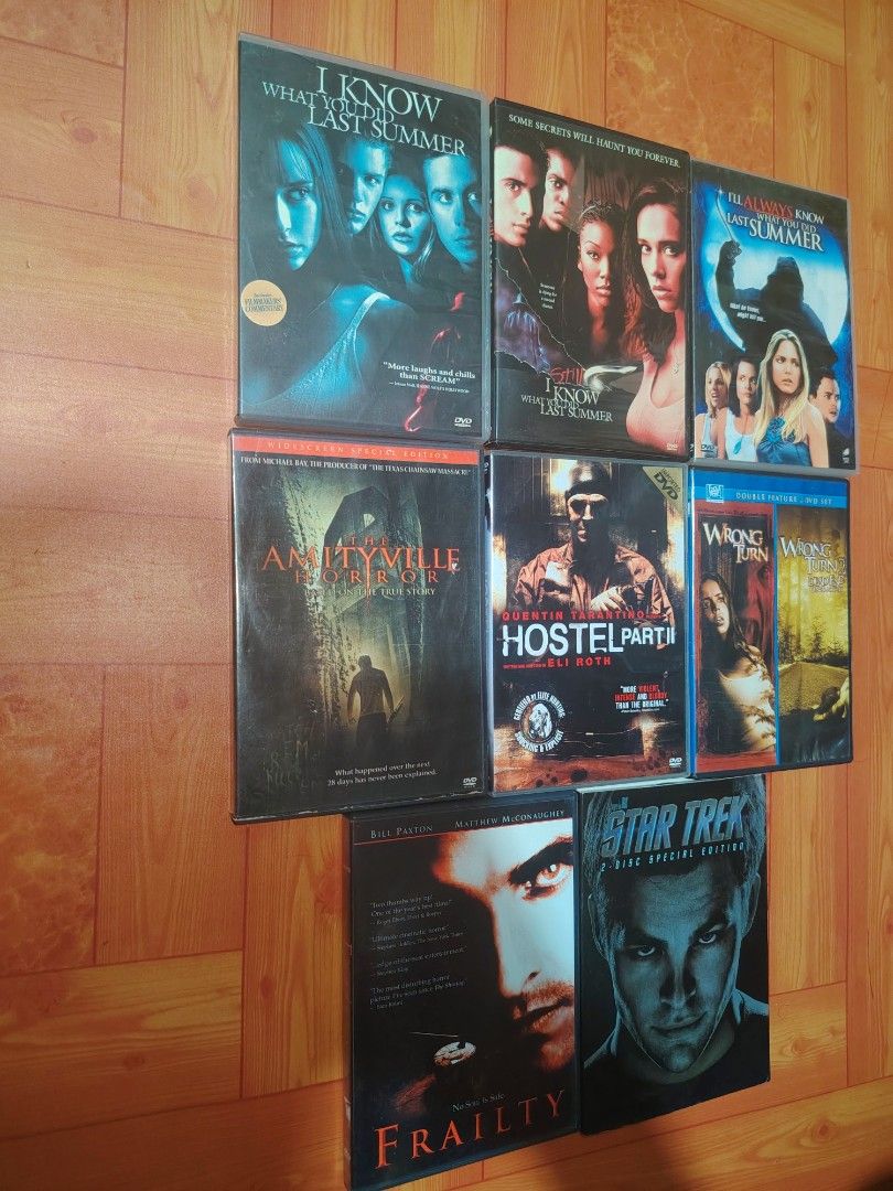 Horror DVDs & more (Category: CDs & DVDs) located in Muntinlupa City. Submitted by albertdj (Listing ID 1462836148, Image 1). Description: For Sale! Original DVDs. Bundle only I'll Always Know What You Did Last Summer R3 The Amityville Horror R3 Hostel Part II R3 (Imported Unrated DVD) Wrong Turn 1 & 2 combo R1 Frailty R1 Star Trek w/ slipcase 2discs R4 Free: I Know & I Still Know What You Did Last Summer DVDs (Class A only, but ripped from origi
