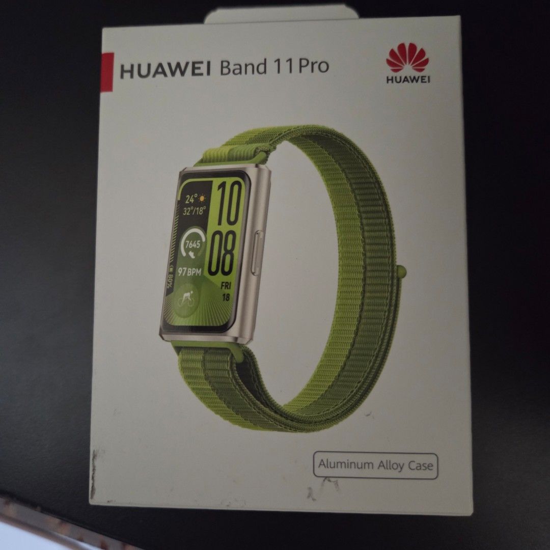 Huawei Band 11 Pro Smart Band (Category: Wearables & Smart Watches) located in Makati City. Submitted by lexshie (Listing ID 1462782600, Image 1). Description: - Huawei Band 11 Pro - Premium Aluminum Alloy Case - Stylish Green Fabric Strap - Bright 1.62-inch AMOLED Display - Comprehensive Workout & Sleep Tracking - Compatible with Android & iOS Devices - Includes Charging Cable & User Manual used for 1 month only rfs: have other smart watches.