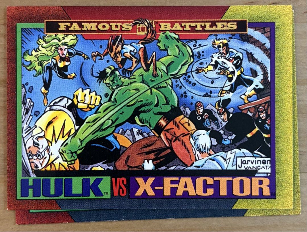 Hulk vs X-Factor | Marvel Cards ~ Marvel Universe '93 [Series IV] (Category: Raw Singles) located in Makati City. Submitted by cardlab (Listing ID 1462820111, Image 1). Description: Items are 💯 authentic/original/legit. About The Card: • '93 Marvel Universe • Card No. 179 • Famous Battles • Series IV FOR: • Cards ₱99 and below with Card Sleeves • Cards ₱100 and up with Used Toploader • ₱10 for Bnew Tops Packaging (If Shipping): ✔️ Plastic cover 