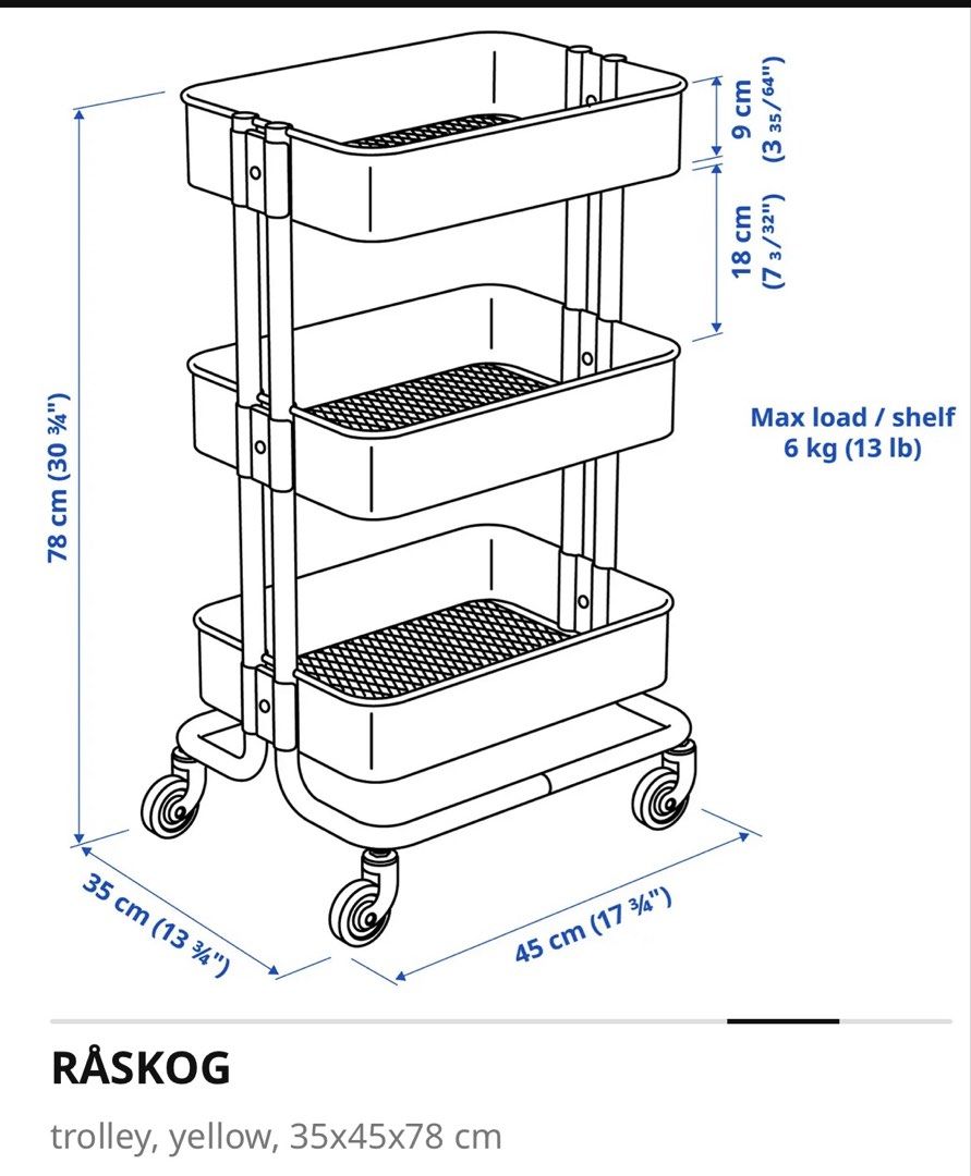 IKEA RASKOG Trolley - White & Black （分類：櫃子、組合櫃及置物架）位於 Hong Kong。 由 davidadamsoloman 提交（商品編號 1462723161，圖片 1）。簡介： Selling a white IKEA RASKOG trolley. Great for storage in any room. It has three tiers and wheels for easy movement. Dimensions are 35x45x78 cm. Some minor signs of use on the bottom shelf, please check photos. Still very functional.。