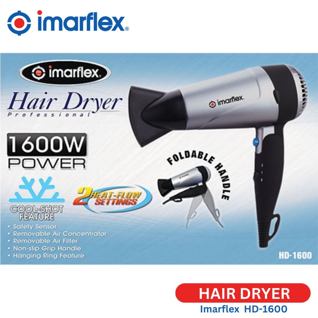 Imarflex HD-1600 Hair Dryer 1600W (Category: Hair) located in Quezon City. Submitted by mo.me (Listing ID 1462812623, Image 2). Description: - Imarflex HD-1600 Hair Dryer - Powerful 1600W for quick drying - 2 heat-flow settings and a cool shot feature - Includes removable air concentrator - Built-in hanging ring - Non-slip grip handle for comfortable use - Foldable handle for convenient storage.
