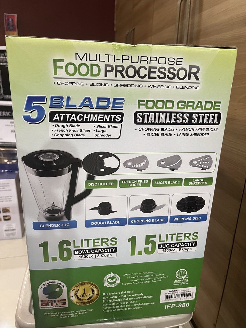 Imarflex Multi-Purpose Food Processor IFP-880 (Category: Juicers, Blenders & Grinders) located in Manila. Submitted by jericho_chan (Listing ID 1462724512, Image 3). Description: - Imarflex Multi-Purpose Food Processor - Powerful 800W motor - 2-speed settings with pulse function - Dual safety lock for secure operation - Includes 5 versatile blade attachments: - Dough blade - Chopping blade - Slicing blade - French fries slicer - Large shredder - 