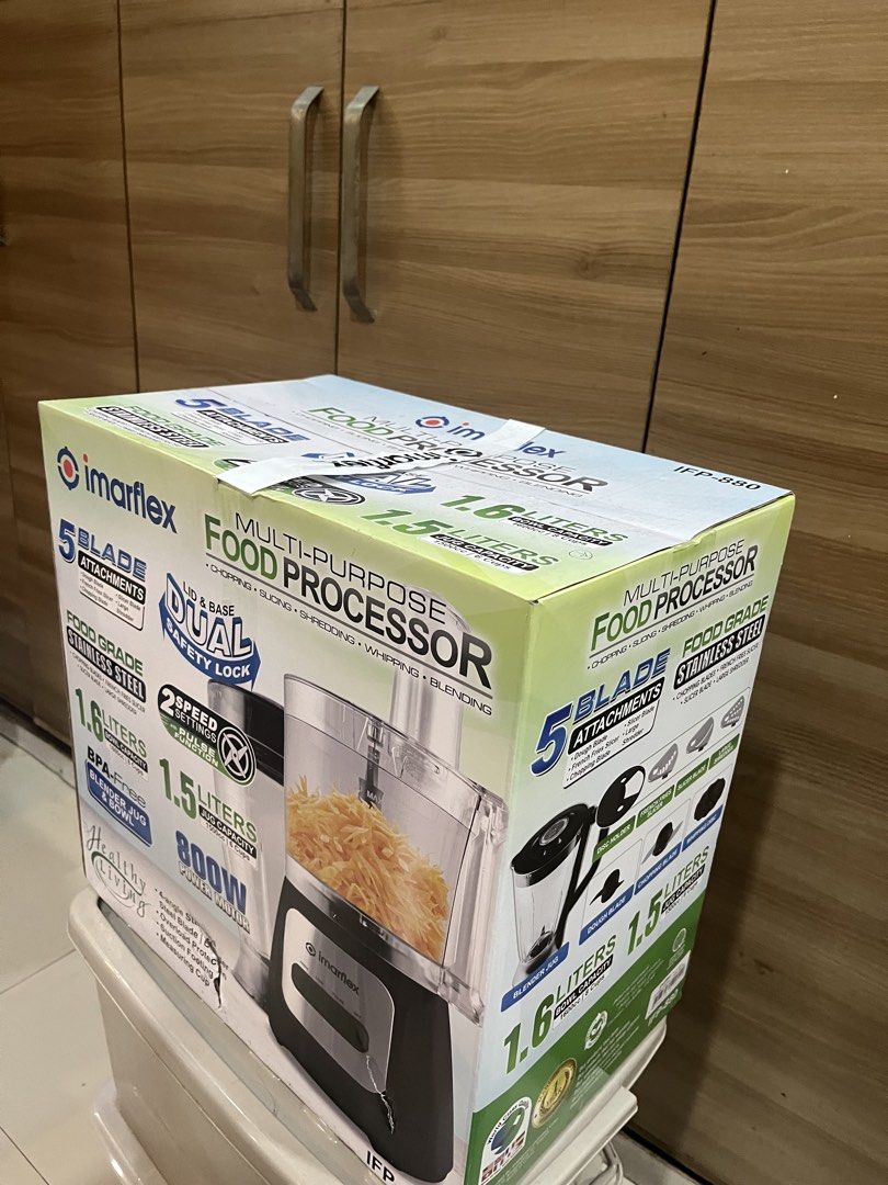 Imarflex Multi-Purpose Food Processor IFP-880 (Category: Juicers, Blenders & Grinders) located in Manila. Submitted by jericho_chan (Listing ID 1462724512, Image 2). Description: - Imarflex Multi-Purpose Food Processor - Powerful 800W motor - 2-speed settings with pulse function - Dual safety lock for secure operation - Includes 5 versatile blade attachments: - Dough blade - Chopping blade - Slicing blade - French fries slicer - Large shredder - 