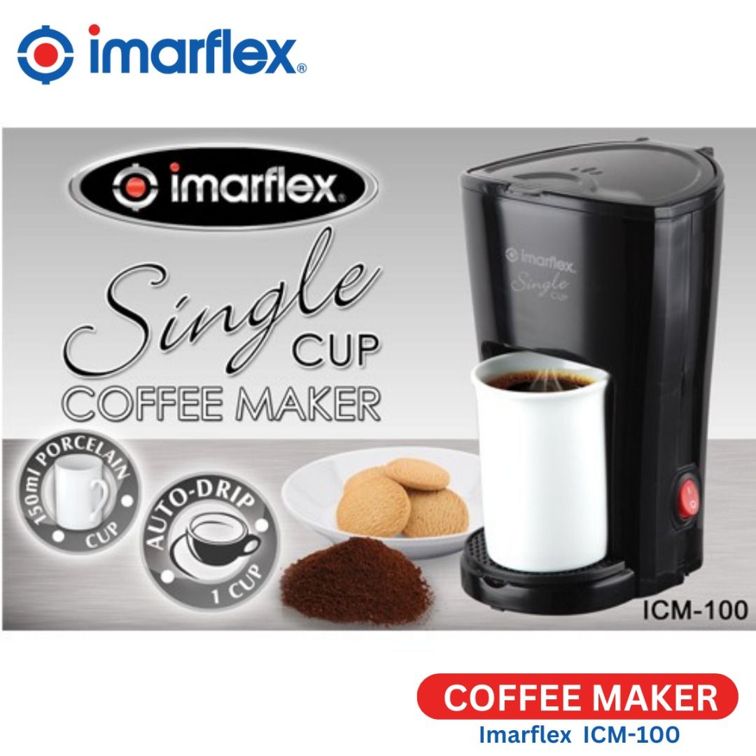 Imarflex Single Cup Coffee Maker ICM-100 (Category: Coffee Machines & Makers) located in Quezon City. Submitted by mo.me (Listing ID 1462822066, Image 3). Description: - Imarflex Single Cup Coffee Maker - Auto-drip brewing for quick coffee - 1 cup capacity - Includes 150ml porcelain cup - Transparent cover and filter basket - Lighted switch for easy operation - Perfect for fast coffee breaks.