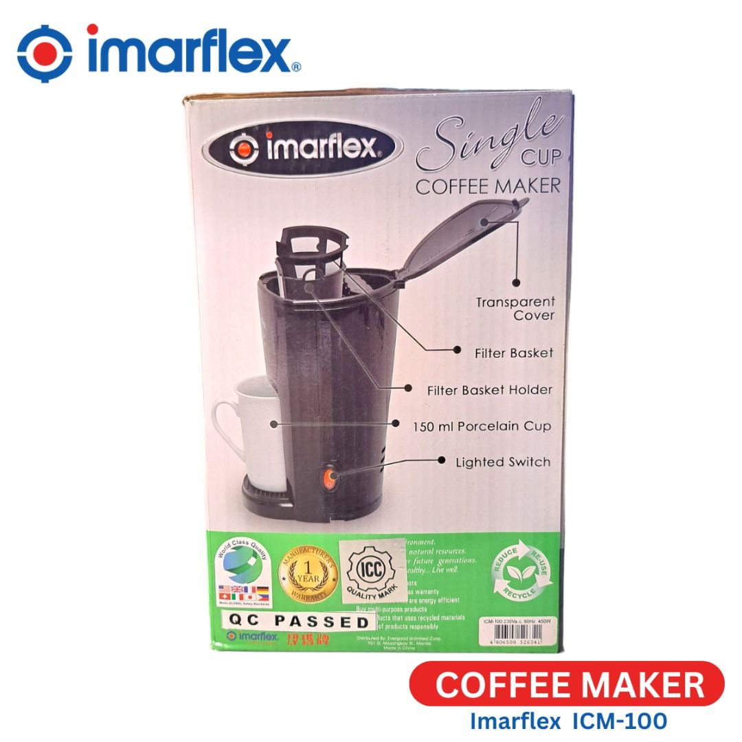 Imarflex Single Cup Coffee Maker ICM-100 (Category: Coffee Machines & Makers) located in Quezon City. Submitted by mo.me (Listing ID 1462822066, Image 2). Description: - Imarflex Single Cup Coffee Maker - Auto-drip brewing for quick coffee - 1 cup capacity - Includes 150ml porcelain cup - Transparent cover and filter basket - Lighted switch for easy operation - Perfect for fast coffee breaks.