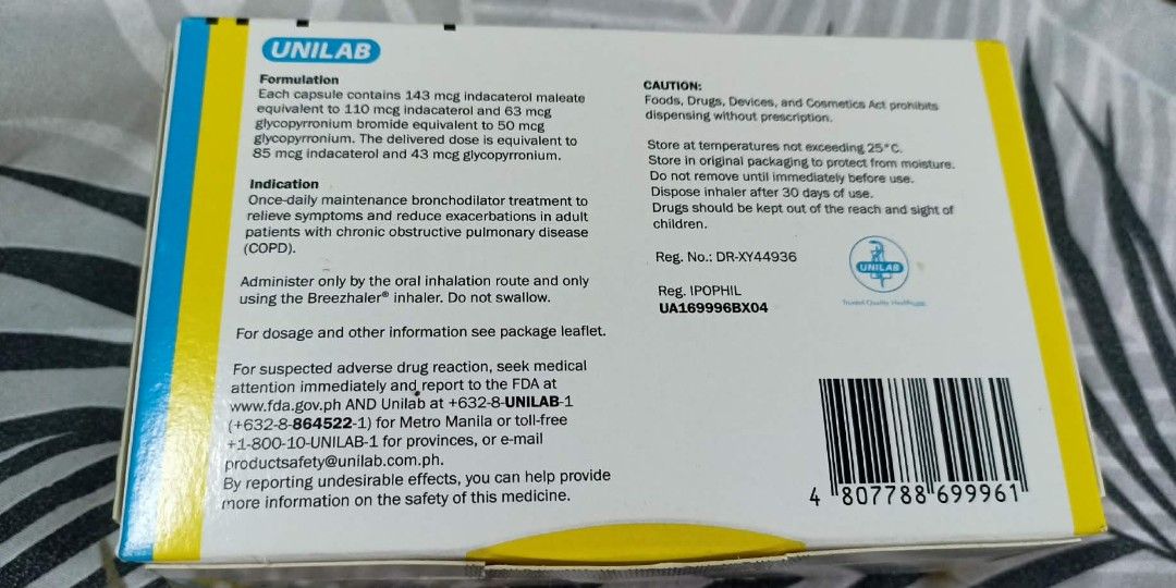 Indacaterol+ Glycopyrronium (Category: Adult Incontinence) located in Manila. Submitted by gracielle_amaris (Listing ID 1462716463, Image 2). Description: FOR SALE Indacaterol+ Glycopyrronium 🔸30 capsules + 1inhaler ➕ 13 extra capsules Original price: P2,340 Selling for P1,340.