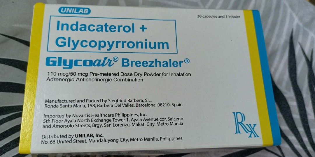 Indacaterol+ Glycopyrronium (Category: Adult Incontinence) located in Manila. Submitted by gracielle_amaris (Listing ID 1462716463, Image 1). Description: FOR SALE Indacaterol+ Glycopyrronium 🔸30 capsules + 1inhaler ➕ 13 extra capsules Original price: P2,340 Selling for P1,340.