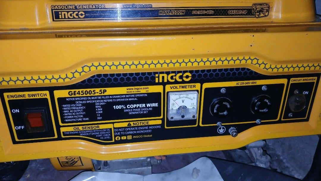 INGCO GASOLINE GENERATOR 4.5K W (Category: Electrical, Adaptors & Sockets) located in Manila. Submitted by rieries.collection (Listing ID 1462858777, Image 2). Description: Never been used, nakatabi lang ● 4.5k Watts Maximum dm my account for more details RFS: Need extra funds asap, price still nego basta mabili lang. thank you.