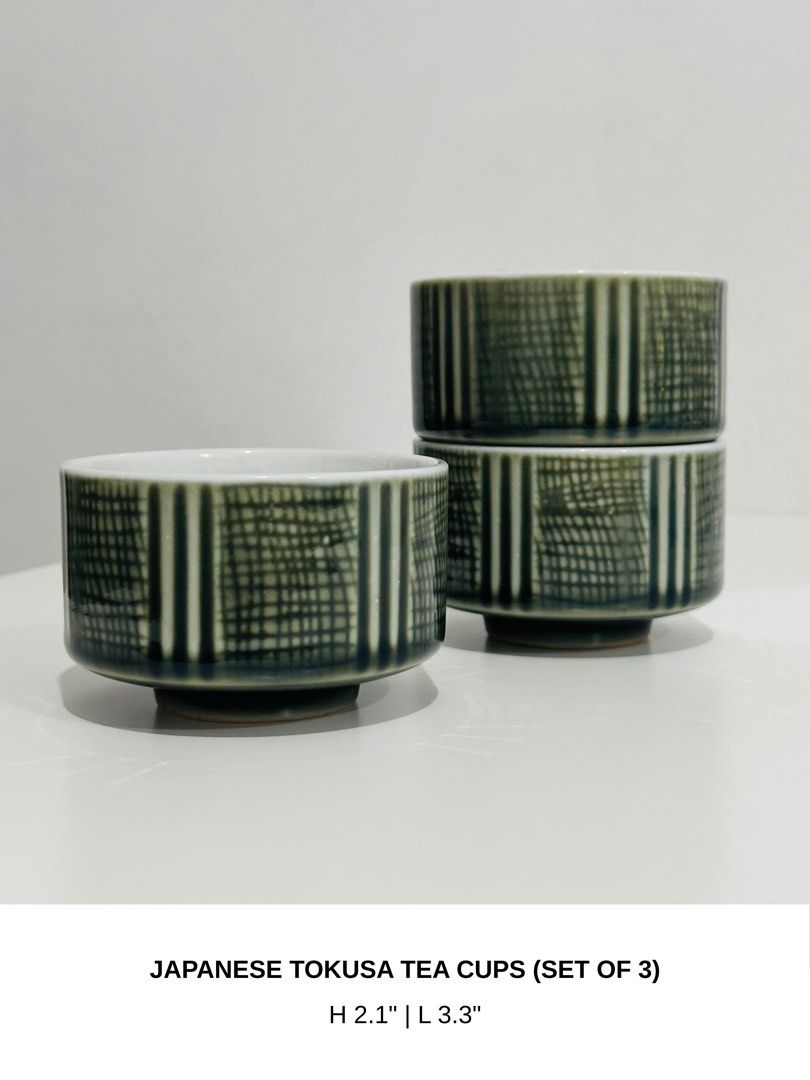 Japanese Ceramic Tea Cups (Category: Coffee & Tea Tableware) located in Manila. Submitted by anaya_d (Listing ID 1462796513, Image 1). Description: Classic ceramic tokusa tea cups. Elegant for display, practical for everyday use 🍵 Perfect for serving tea, soup, or desserts. P450 (set of 3).