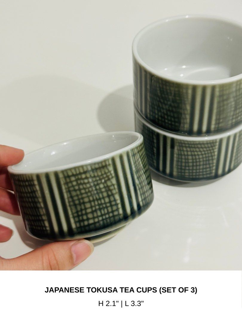 Japanese Ceramic Tea Cups (Category: Coffee & Tea Tableware) located in Manila. Submitted by anaya_d (Listing ID 1462796513, Image 2). Description: Classic ceramic tokusa tea cups. Elegant for display, practical for everyday use 🍵 Perfect for serving tea, soup, or desserts. P450 (set of 3).
