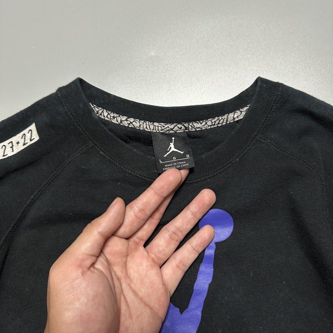 Jordan Pullover Sweatshirt (Category: Coats, Jackets and Outerwear) located in Baguio. Submitted by subaitems (Listing ID 1462780267, Image 3). Description: - Black Jordan sweatshirt - Iconic Jumpman logo with purple and blue gradient - 'AIR' text detail - Size: Large (L) - Made in China - Ideal for casual wear.