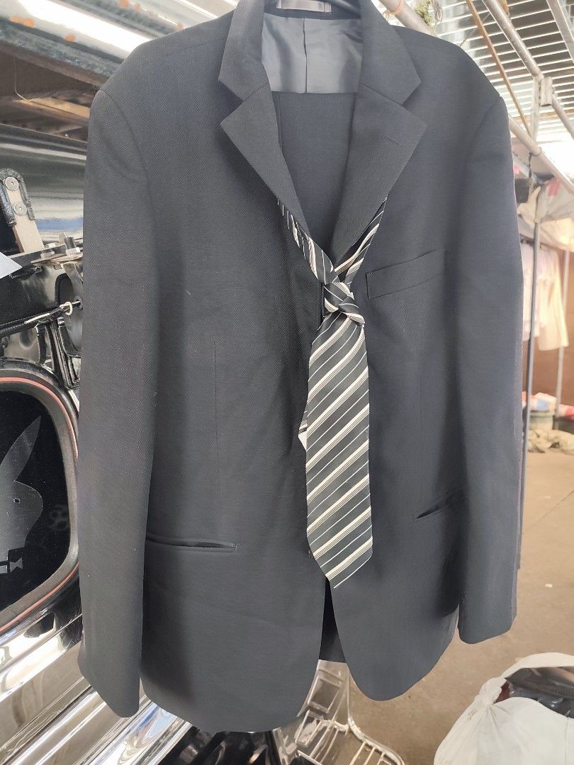 Journal Works Selections Black Suit sets with Striped Tie (Category: Coats, Jackets and Outerwear) located in Manila. Submitted by gelvy1316 (Listing ID 1462728772, Image 1). Description: - Journal Works Selections black suit set - Includes jacket and pants - Comes with a striped tie - Jacket is non-iron and washable - Ideal for formal events or work attire.