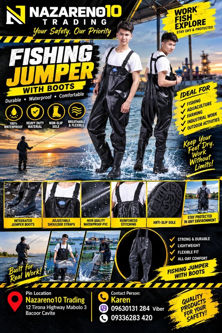 JUMPER BOOTS FISHING BOOTS (Category: Looking For) located in Bacoor. Submitted by kajezame.2021 (Listing ID 1462720781, Image 1). Description: JUMPER BOOTS FISHING BOOTS For More Details and Discount Contact Ms. Karen NAZARENO 10 TRADING 0963 0131 284 0933 6283 420 0956 7028 557 0933 8559 510 Landline: Look for Ms. Karen (046 ) 416 3920 Also available: • Traffic cone • Parking Block stopper • Hooded trash bin • Road Plastic Barrier • Spill boom 