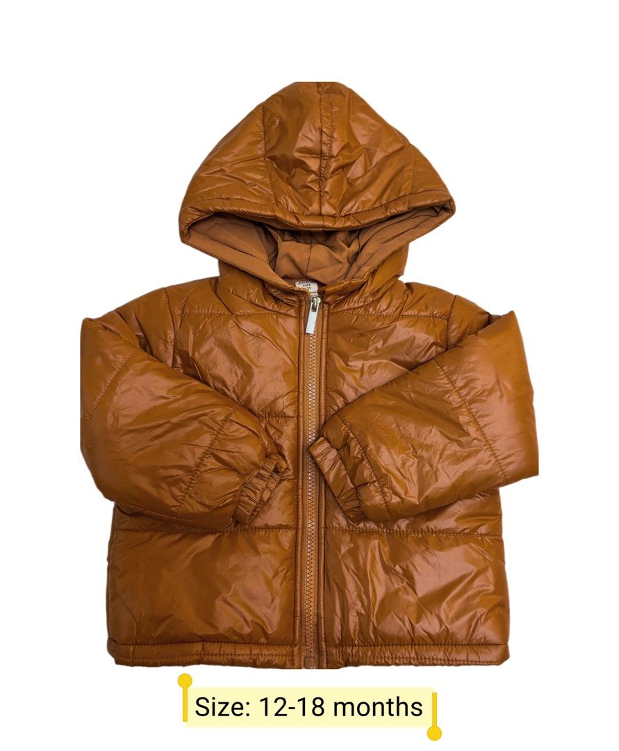 Kids Brown Puffer Jacket 12-18 Months (Category: Babies & Kids Fashion) located in Angeles City. Submitted by momandmini9 (Listing ID 1462730146, Image 1). Description: Cute brown hooded puffer jacket for babies 12-18 months. Zipper front, elastic cuffs. Warm and perfect for cold weather. Used once. Excellent condition .