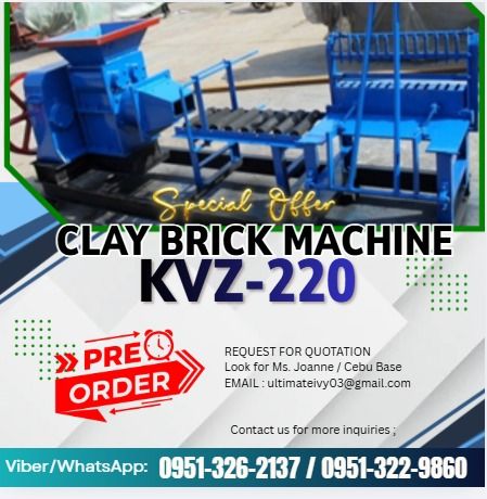 KVZ-220 CLAY BRICK MACHINE (Category: Industrial Equipment) located in Caloocan City. Submitted by vedadacian34812 (Listing ID 1462775431, Image 1). Description: Capacity: 6000-7000pcs/8hrs Brick Size: 240*115*53mm (Size can be adjusted according to demand) Suitable Motor: 11KW Electric Motor 380V 3phase 50hz Dimension: 2100X1000X1000MM Weight: 900kgs (Price is multi-function, from brick molding to adobe cutter to strip cutter, with electric moto