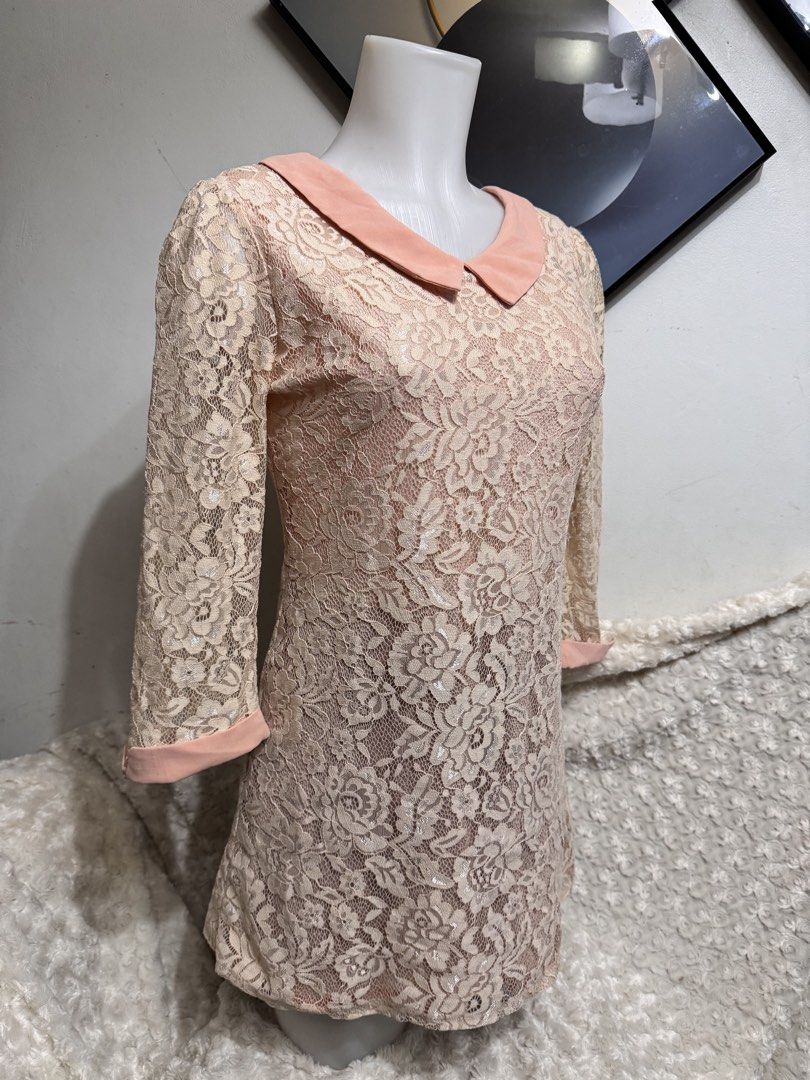 Lace Peter Pan Collar Dress (Category: Dresses) located in Marikina City. Submitted by lorradel (Listing ID 1462699662, Image 2). Description: - Adorable floral lace dress - Features a charming pink Peter Pan collar - Three-quarter sleeves with pink cuffs - Convenient back zipper closure - Versatile for both casual outings and dressier occasions - MAY HAVE some washable stains (hindi maiiwasan) needs washing; had been stored - mannequin size 34-2
