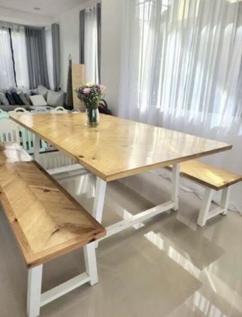 Large Dining Table (Category: Other Kitchenware & Tableware) located in Manila. Submitted by ms_ksy (Listing ID 1462862169, Image 2). Description: ✨ FOR SALE: LARGE WOODEN DINING TABLE SET ✨ Perfect for family gatherings, spacious dining areas, and big families! 🤎 📌 DETAILS: 🪵 Wooden Dining Table 📏 Table Size: 213cm L × 122cm W × 74.5cm H 📏 Bench Size: 213cm L × 40.5cm W 🤎 Warm wood finish with white legs ✨ Spacious and perfect for family d