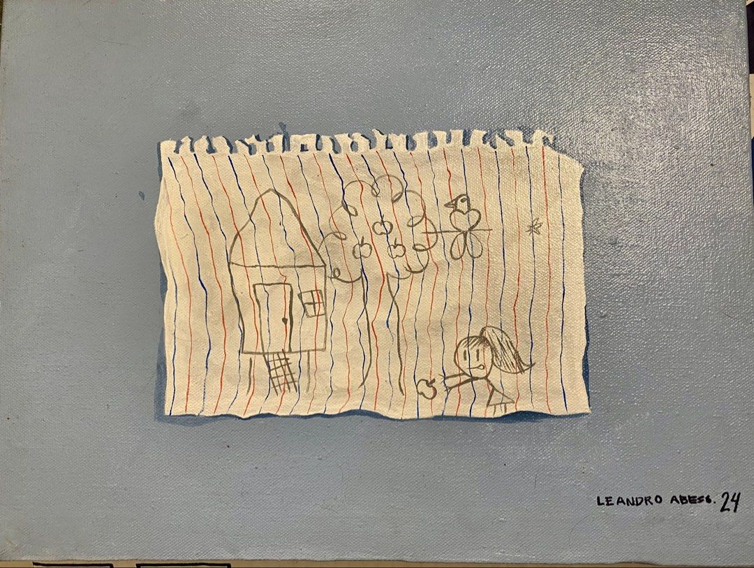 Leandro Abeso '24 Original Artwork (Category: Art & Prints) located in Manila. Submitted by ariane0422 (Listing ID 1462791038, Image 1). Description: - Original painting by Leandro Abess, dated '24. - Features a child's drawing of a house, tree, bird, and girl. - Drawing is on lined paper. - Mounted on a canvas with a light blue background. - A unique addition to any art collection..