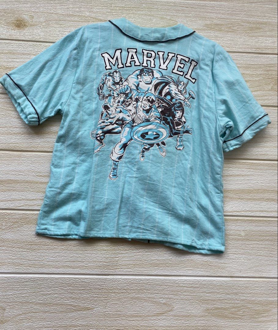light blue Marvel kids' button-down baseball jersey (Category: Babies & Kids Fashion) located in Cebu City. Submitted by yjainani (Listing ID 1462703830, Image 3). Description: 2T on tag runs big can fit 3-4T.