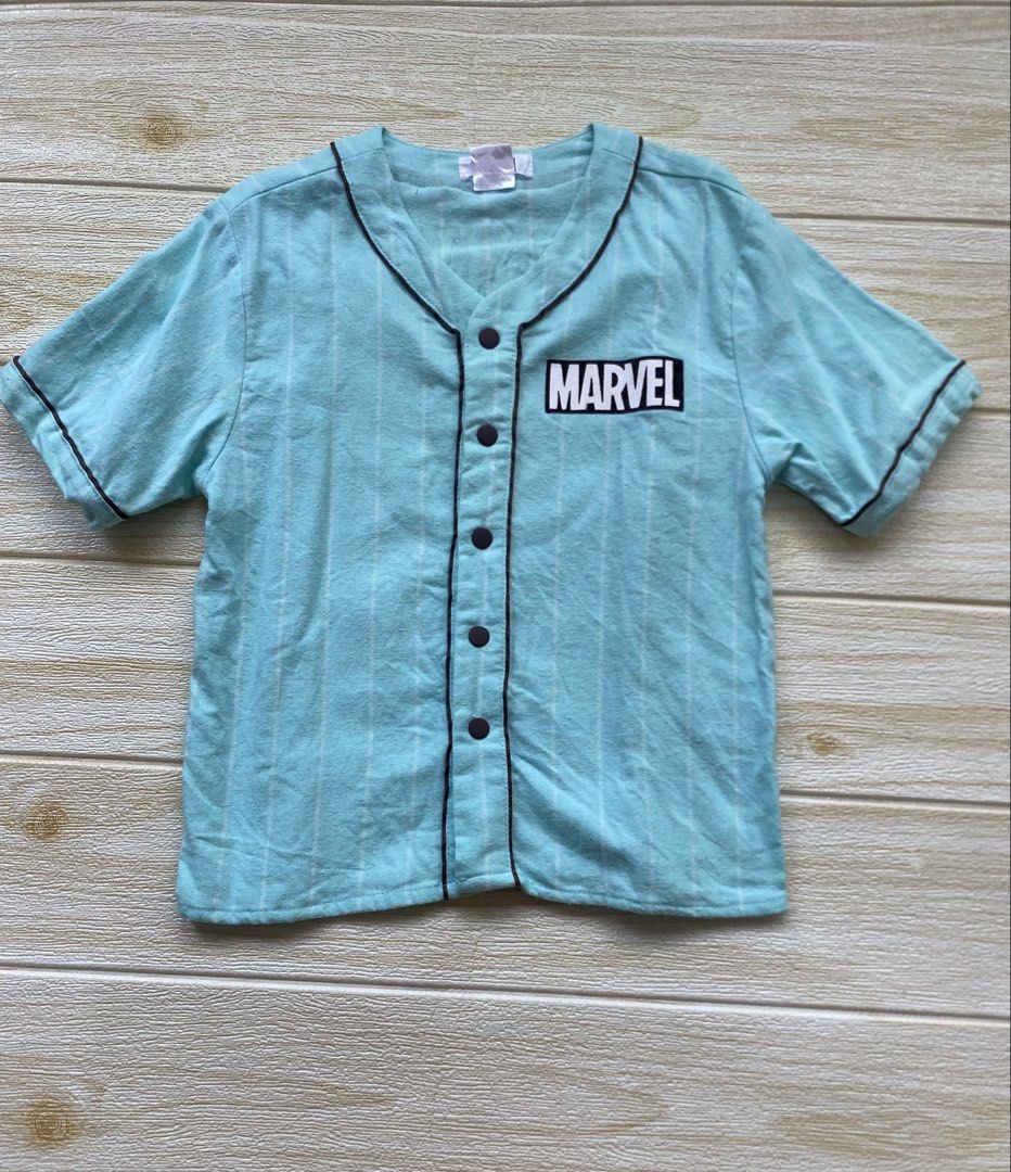 light blue Marvel kids' button-down baseball jersey (Category: Babies & Kids Fashion) located in Cebu City. Submitted by yjainani (Listing ID 1462703830, Image 1). Description: 2T on tag runs big can fit 3-4T.