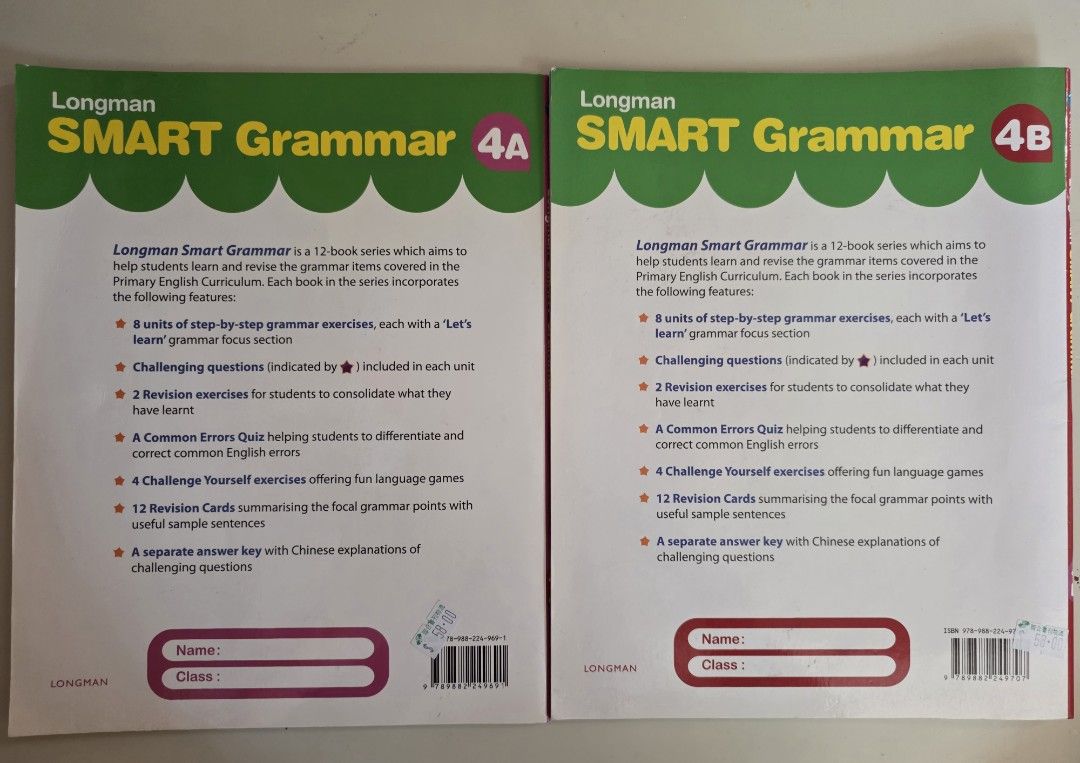 Longman Smart Grammar 4A & 4B 英文文法練習簿 （分類：教科書）位於 Hong Kong。 由 cherry5177 提交（商品編號 1462752421，圖片 2）。簡介： ＄50/2本 兩本Longman Smart Grammar 4A同4B練習簿，適合小學程度。內容有文法練習同埋挑戰題，仲有溫習卡。書本有啲填寫過嘅痕跡，但唔影響使用。適合想操練英文文法嘅小朋友。 4A只寫過2,3頁。 4B只寫過幾頁，鉛筆，可擦。