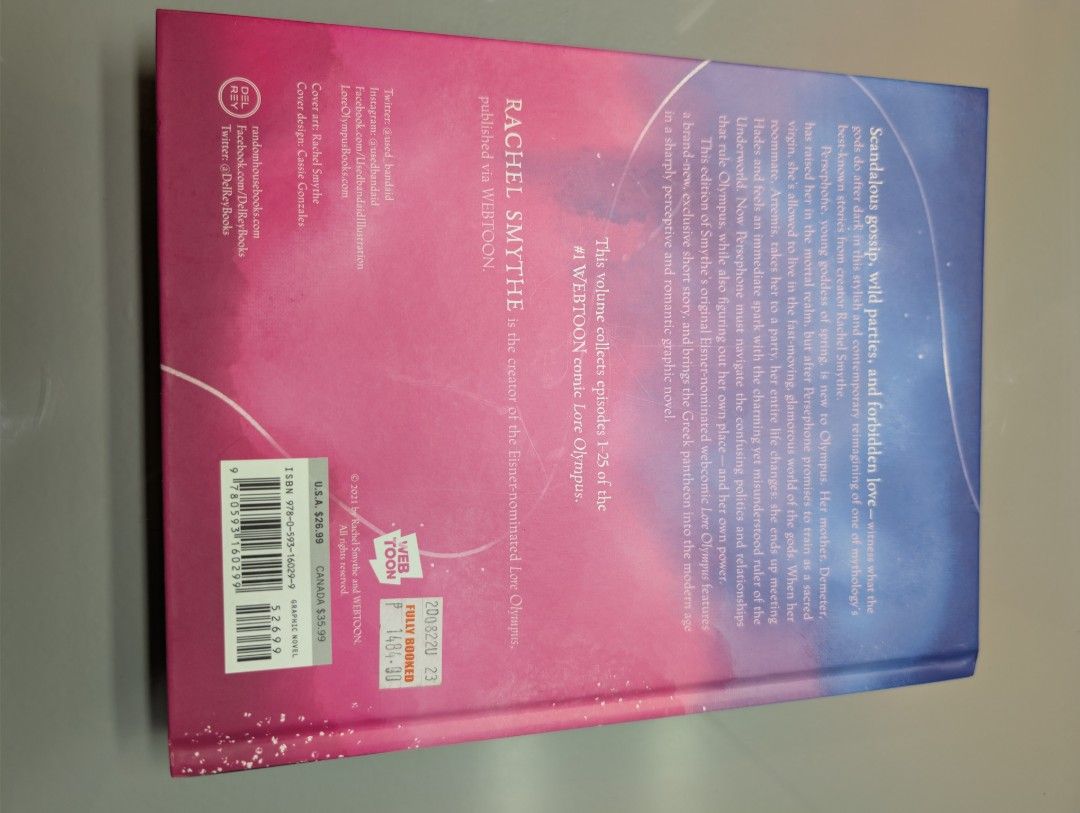 Lore Olympus Volume One by Rachel Smythe Webtoon Comic (Category: Comics & Manga) located in Cavite. Submitted by mikaelhope (Listing ID 1462728111, Image 2). Description: Condition: Used. The binding is tight and the full color pages are pristine. Authentic copy bought from Fully Booked with the original price tag still on the back cover. Inclusions: Volume 1 hardcover only..