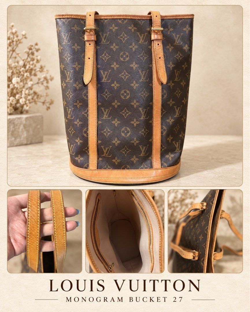Louis Vuitton Monogram Bucket 27 Bag (Category: Luxury Bags & Wallets) located in Antipolo. Submitted by meglovessandwich (Listing ID 1462827054, Image 1). Description: - Authentic Louis Vuitton Monogram Bucket 27 - Iconic bucket bag design - Leather trim and straps show natural patina from use - Interior is clean with a zippered pocket - Timeless piece suitable for everyday or special occasions - Ready for its next owner.