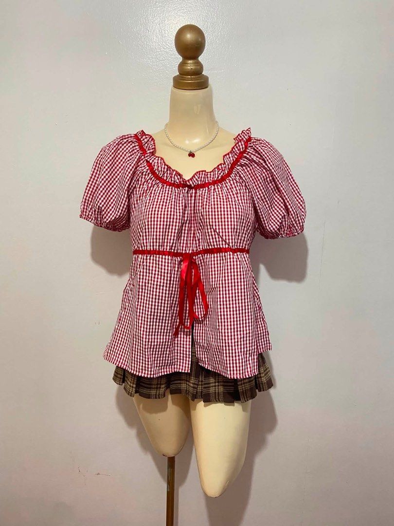 Lovito Gingham Puff-Sleeve Peplum Blouse Top (Category: Blouses) located in Mandaluyong City. Submitted by cxia_style (Listing ID 1462761224, Image 1). Description: details: ୨ৎ lovito brand ୨ৎ non stretch ୨ৎ lace up ୨ৎ ruffle trim ୨ৎ rounded scoop neckline.