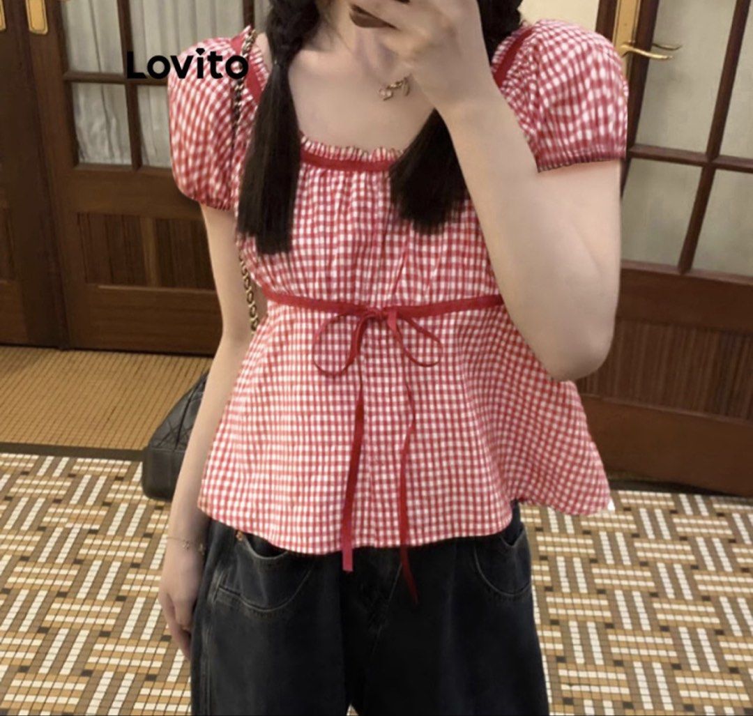Lovito Gingham Puff-Sleeve Peplum Blouse Top (Category: Blouses) located in Mandaluyong City. Submitted by cxia_style (Listing ID 1462761224, Image 2). Description: details: ୨ৎ lovito brand ୨ৎ non stretch ୨ৎ lace up ୨ৎ ruffle trim ୨ৎ rounded scoop neckline.