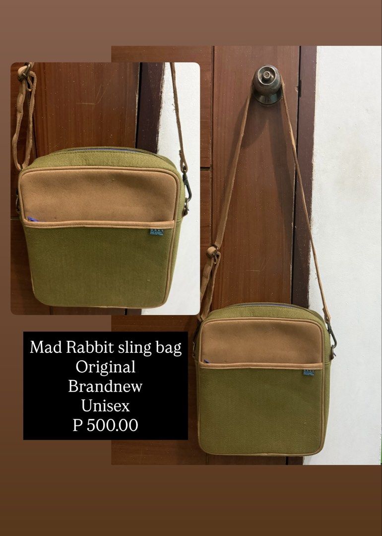 Mad Rabbit sling bag (Category: Sling Bags) located in Pasig City. Submitted by simply.trish (Listing ID 1462823075, Image 1). Description: Mad Rabbit Brand new Original Color: Brown and army green Unisex.