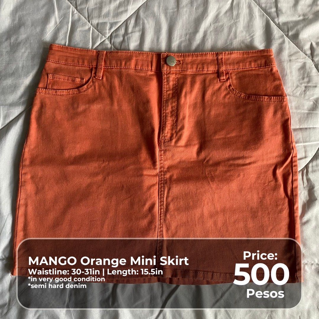 MANGO Orange Mini Skirt (Category: Skirts) located in Pasig City. Submitted by thatgirlsamlara (Listing ID 1462719010, Image 1). Description: 🙋‍♀️Model Reference: I’m 5’2 and Small by body frame (25.5in Waistline). Actual photo posted. ‼️ Check photo for specific size, dimensions and price details. condition and issues if there are, are also declared. ‼️LAST PRICE POSTED 👉🏼 My items are in excellent condition unless otherwise stated na may dam
